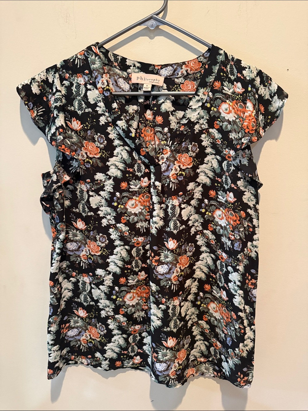 Philosophy Floral V-Neck Cap Sleeve Blouse in Black, Orange and Cream